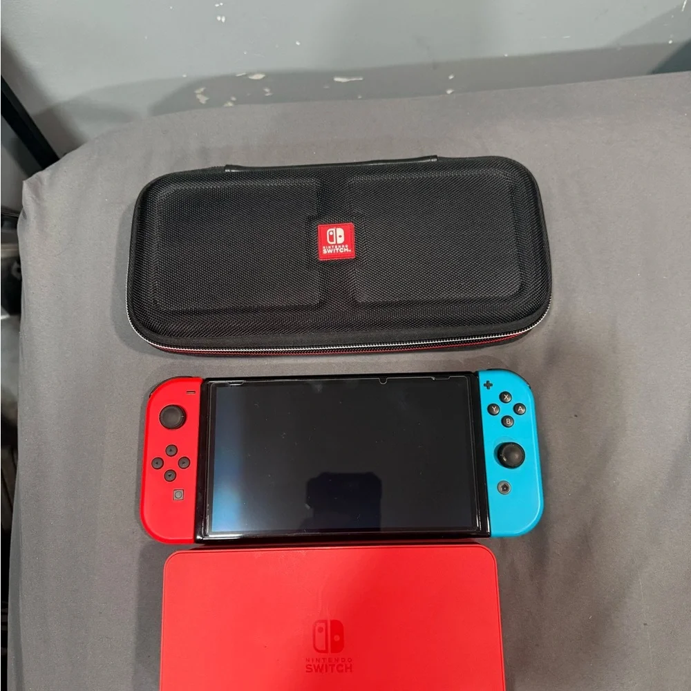 Nintendo Switch with Red and Blue Joy-Con and Case